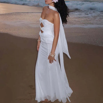 MQTIME  -  Sexy Sleeveless Hollow Out Sheath Long Dress Fashion Pleated Swing Romantic Dress Elegant Strapless Desire Style Gowns Dresses